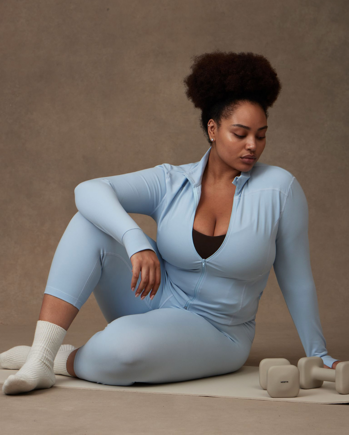 Selene Zip-Up in Ice Melt with Isla Capri, on model