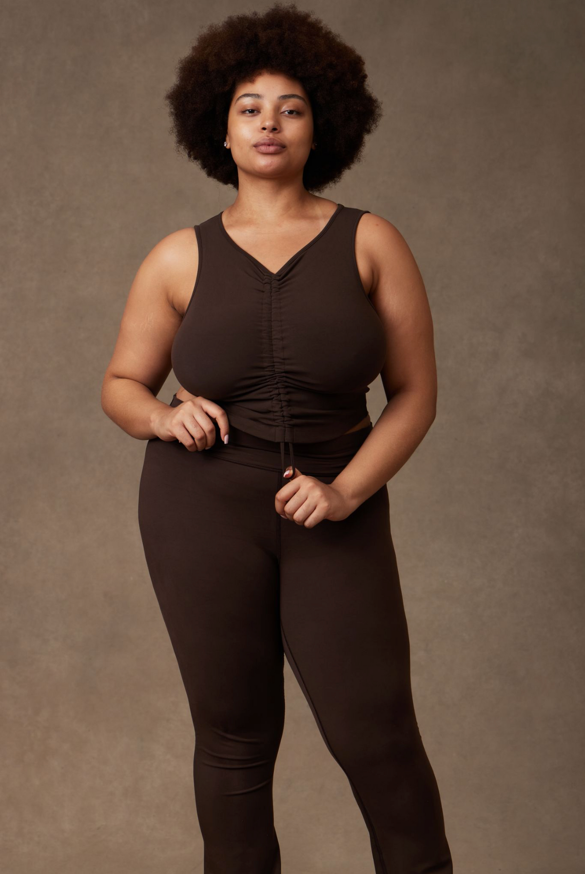 Luna Tank in Cocoa with Maris Flare legging, on model